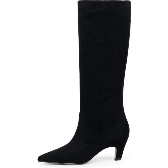 Women's Black Suede Pointed Toe Kitten Low Heel Faux Leather Fall Long Boots - Picture 4 of 8